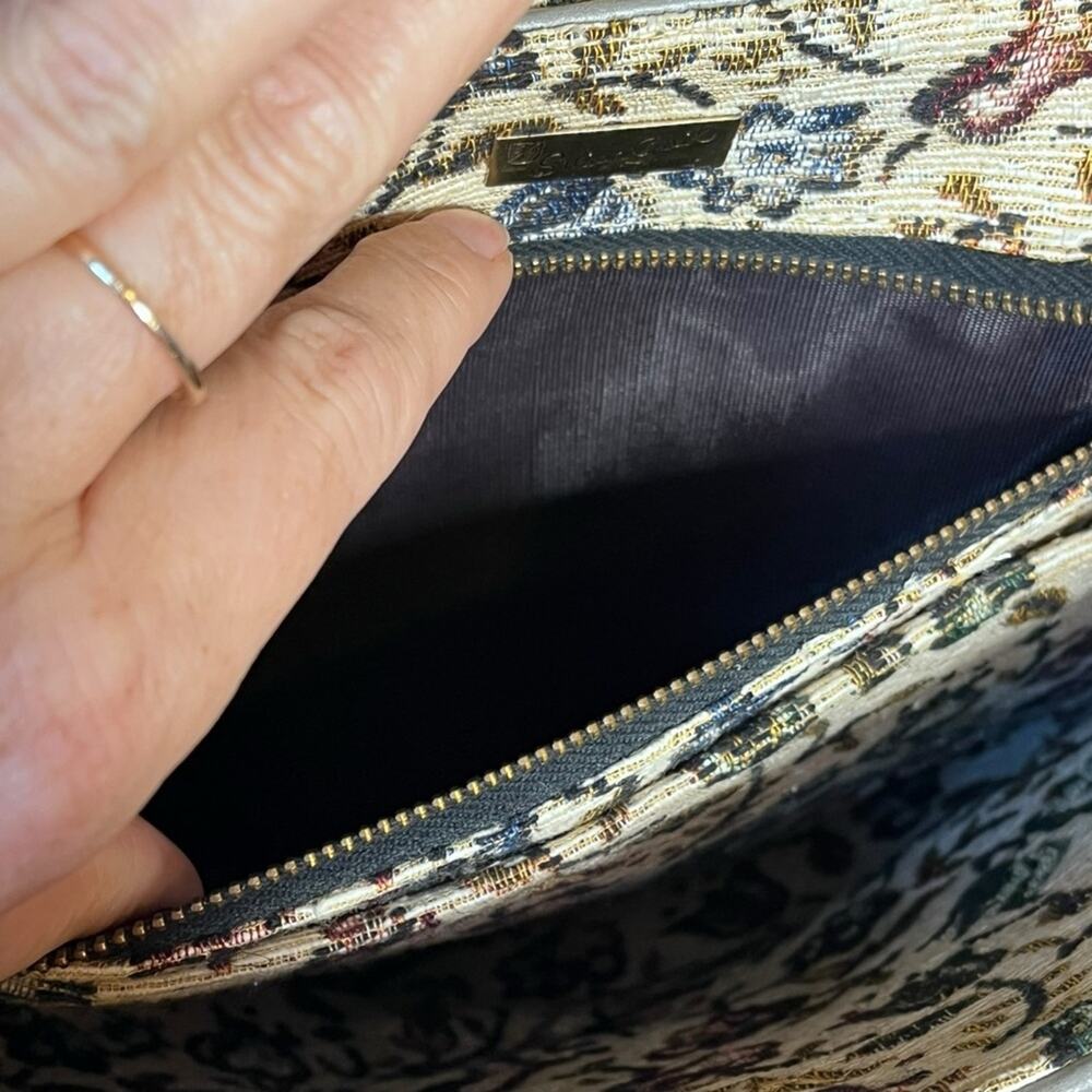 SUSAN GAIL Vintage Gray Pebbled Leather Shoulder Bag Gold Hardware Tapestry - Picture 7 of 8